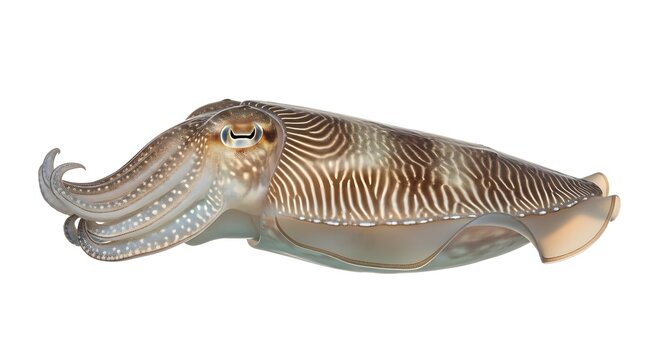 Cuttlefish with intricate striped pattern swimming against a clean white background during studio lighting for commercial use