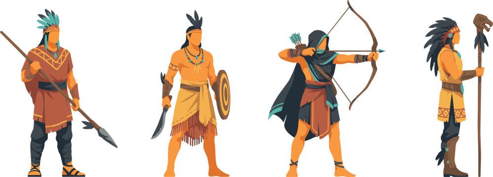 PrintIndigenous tribal warrior character vector asset set featuring traditional native american hunters with spears, bows, arrows, and shields for game design