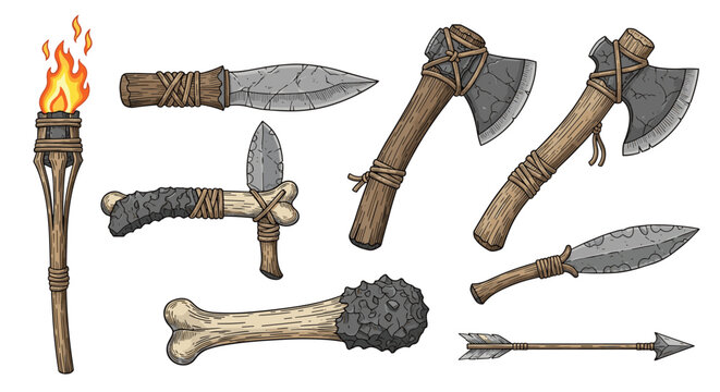 Set of hand drawn primitive prehistoric stone age tools and weapons including axes, daggers, and a torch.
