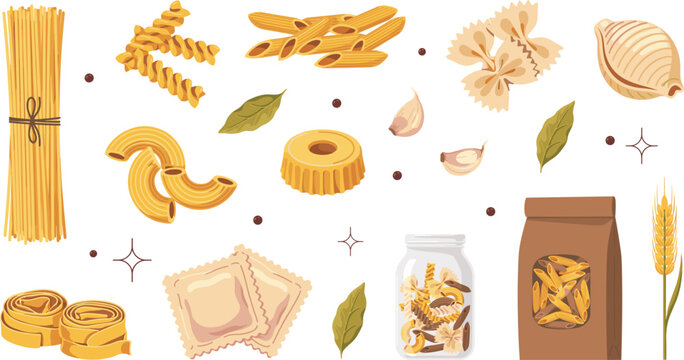 Italian pasta varieties vector icon set with spaghetti penne farfalle ravioli macaroni ingredients and packaging for restaurant menu and food packaging designs