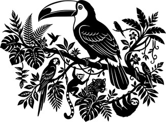Obraz premium Toucan & Exotic Wildlife silhouette icon set, flat black glyph style, pure white background
