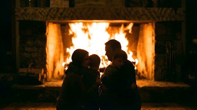 Family embracing in silhouette in front of a warm fireplace at night