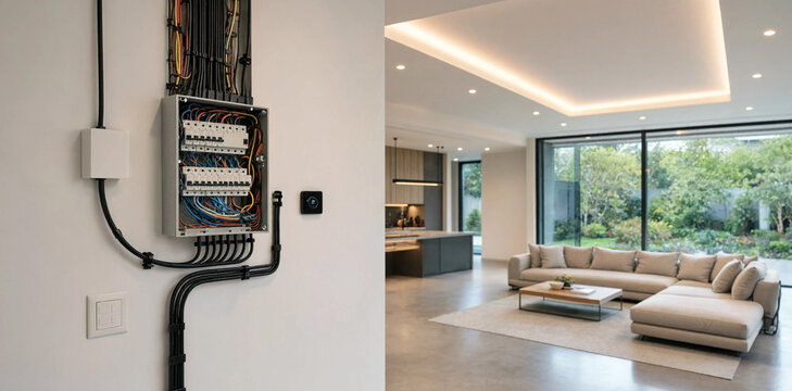 Domestic electrical fuse box control panel installed on wall in modern luxury house interior with electrical distribution installation interior residential infrastructure technical