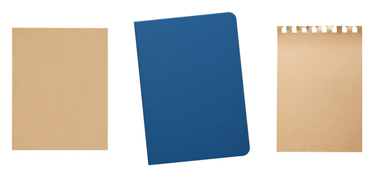 Paper craft essentials with blank kraft sheets and a closed journal, isolated torn notepad pieces for scrapbook compositions, study layouts, diary spreads and printable message scenes