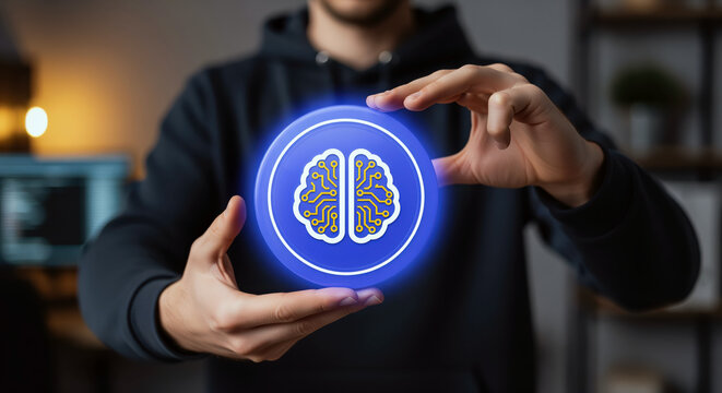 Machine learning brain icon built from circuit halves, ai emblem of trained models in action, neural thinking and smart predictions for data science stories and pattern insight publications