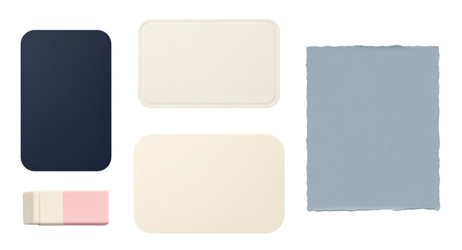 Papercraft collage pieces combine blank rounded cards deckle edge sheet and eraser, isolated stationery cutouts for journal spreads invitations memory books school worksheets and layered layouts