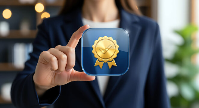 Gold medal icon with a checkmark as a badge of certified excellence and trusted service, award ribbon sign for warranty promises, best choice offers and product approval announcements