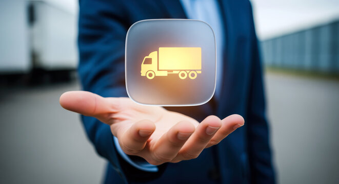 Delivery truck icon meaning fast shipping and nationwide cargo transport, logistics emblem made for courier service offers, warehouse supply chain reports and moving company advertising