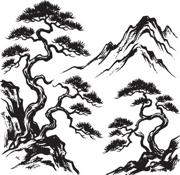 Traditional chinese ink wash painting of pine trees and mountains culture day japan