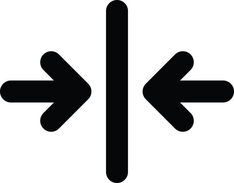 A minimalist black icon featuring a vertical dividing line with horizontal left and right arrows pointing inward, isolated on a transparent background, perfect for split-screen layouts, adjustable