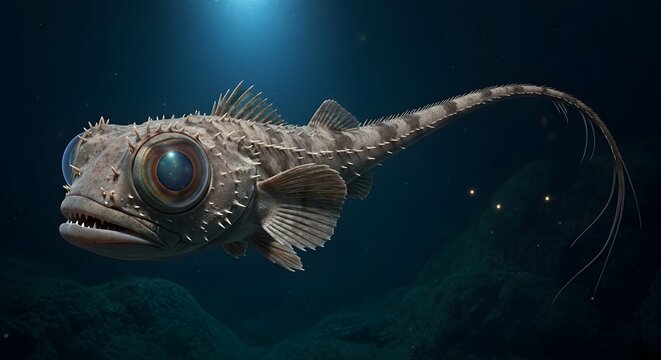 Deep sea anglerfish with large eyes swimming in dark blue water with light bokeh effect