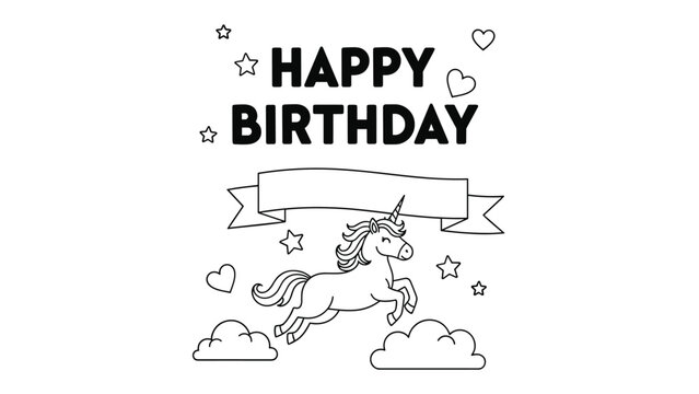 Happy Birthday children coloring book page with cute flying unicorn and fluffy clouds vector outline illustration.