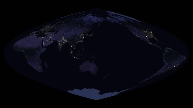 Craster parabolic world map projection showing night lights. Animated texture highlights urban areas. Dark continents and illuminated cities. Elements of this animation derived from NASA imagery.