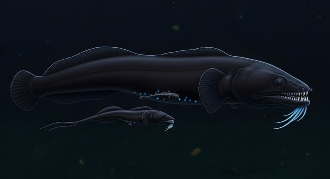 Deep sea viperfish swimming with young offspring in dark ocean depths with bioluminescent plankton