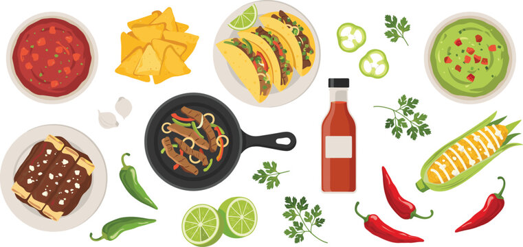 Traditional Mexican food vector element set featuring flat lay overhead view of tacos enchiladas nachos guacamole salsa fajitas and hot chili ingredients
