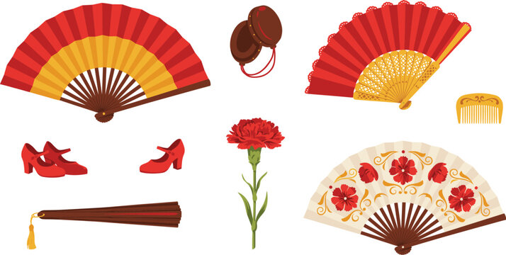 Traditional Spanish flamenco dance accessories vector icon set with red folding fans castanets carnation flower comb and shoes for cultural performance designs