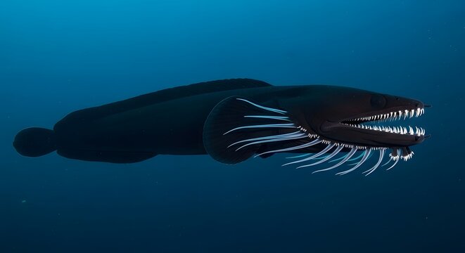 Deep sea viperfish with sharp teeth swimming in dark blue ocean water during natural light