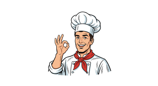 Hand drawn retro comic style illustration of a smiling chef showing an ok hand sign on a clean white background.