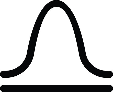 A minimalist black bell curve icon depicting a normal distribution distribution graph above a baseline, isolated on a transparent background, perfect for statistics, data science, probability