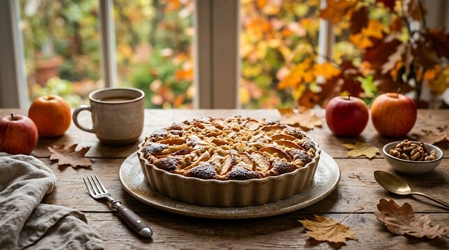 Fresh baked apple tart on rustic table with seasonal autumn decor