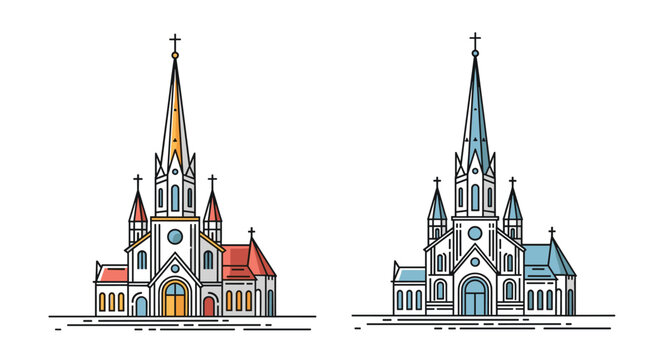 Gothic church building cathedral architecture designs in two different color schemes, isolated on white background.