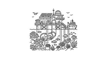 Fototapeta premium Dynamic Floating Research Station with Marine Life and Eco Friendly Elements in Black and White Line Art