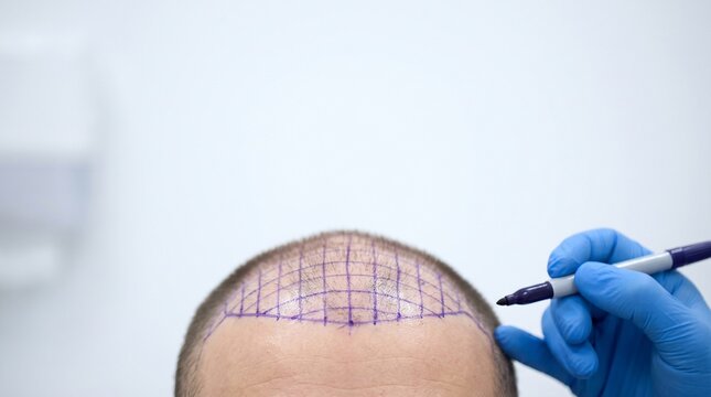 Close-up of a patient's head with a marked grid for hair transplant procedure performed by a medical professional.
