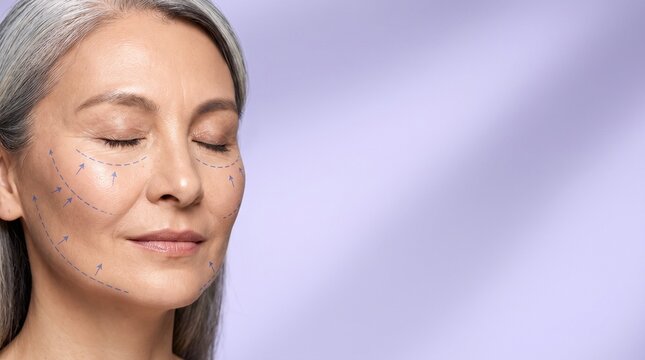 Mature woman with eyes closed and face lift markings on skin.