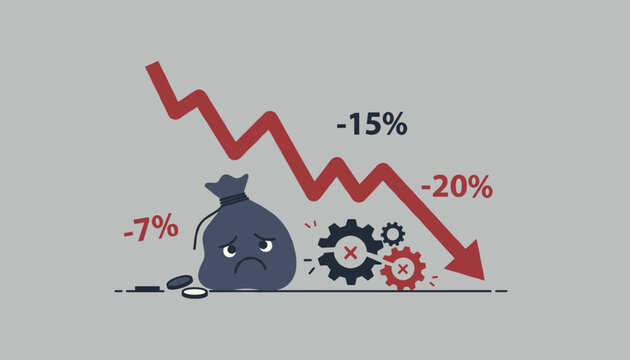 Sad character bag of money next to broken gears and a sharp red downward arrow representing financial loss and crisis.
