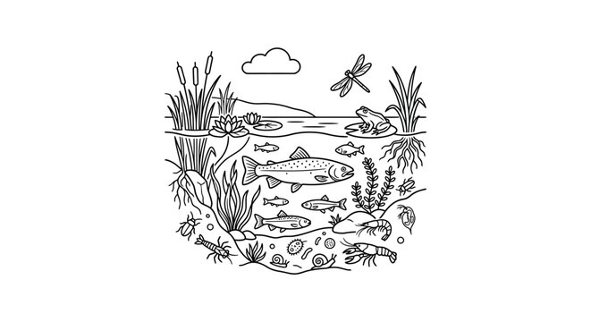 Elegant Black and White Line Drawing of Freshwater Ecosystem with Fish Frogs Plants and Microorganisms