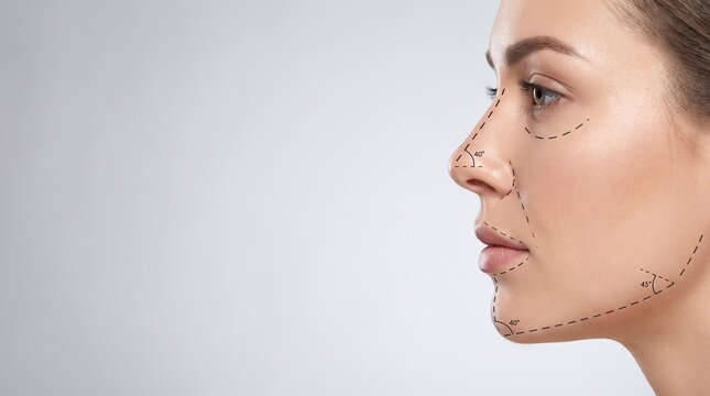 Profile of woman face with marked surgical lines and degree angles for plastic surgery.