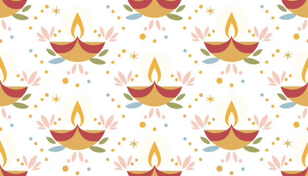Beautiful seamless pattern with lit traditional diwali lamps and colorful decorative dots for the festival of lights.