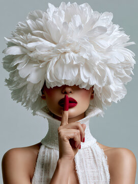 Elegant Woman With White Flower Petal Headdress Red Lips Finger On Lips Silence Gesture Bundle Artistic Fashion Beauty Portrait High Fashion Editorial T-Shirt Graphic Design POD Print on Demand Sublim
