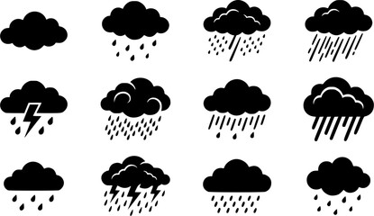 Obraz premium Cloud & Rain silhouette icon set, flat black glyph style, pure white background