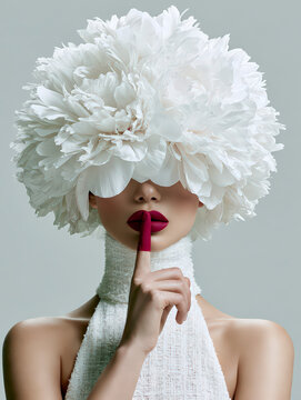Elegant Woman With White Flower Petal Headdress Red Lips Finger On Lips Silence Gesture Bundle Artistic Fashion Beauty Portrait High Fashion Editorial T-Shirt Graphic Design POD Print on Demand Sublim