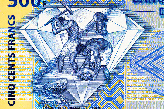 Democratic Republic of the Congo 500 Congolese Franc banknote featuring of artisanal diamond miners working inside a diamond outline. African paper money. World money collection.