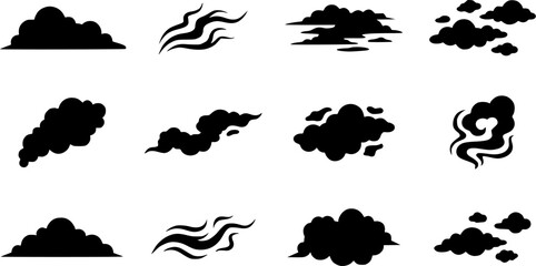Obraz premium Fog & Mist silhouette icon set, flat black glyph style, pure white background