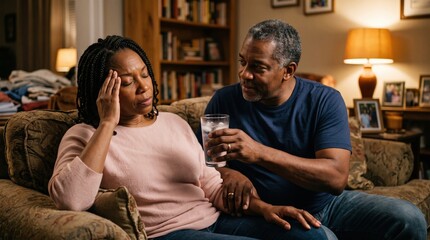 Fototapeta premium Caring man offering glass of water to woman suffering from headache at home with headache recovery relationship