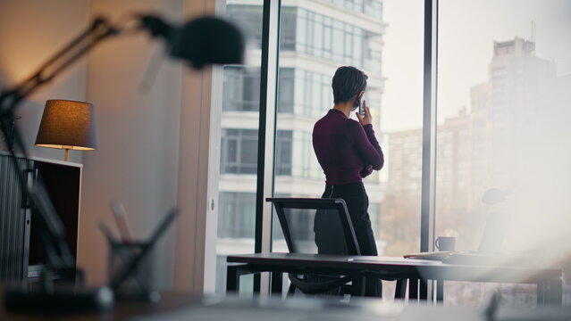 Back view businesswoman phone call standing office window city view. Smartphone