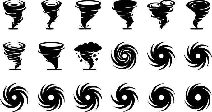 Tornado & Hurricane silhouette icon set, flat black glyph style, pure white background