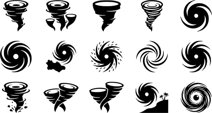 Tornado & Hurricane silhouette icon set, flat black glyph style, pure white background
