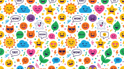 Seamless Emoji Pattern with Fun Smiley Faces Sun Cloud Ghost and Speech Bubbles © Saif