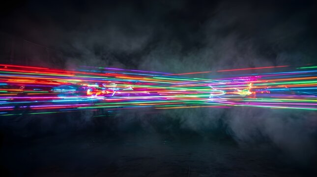 Horizontal streaks of neon light beams flowing through dark smoke clouds
