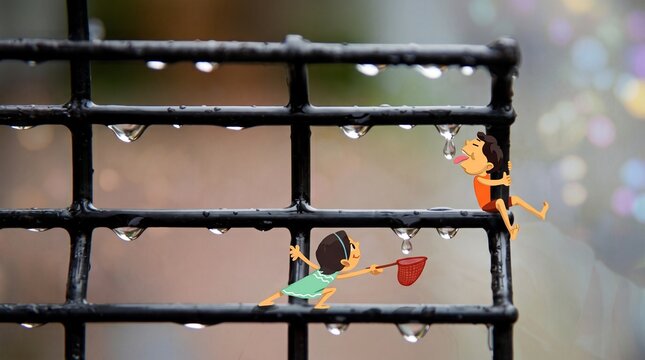 A creative, playful art piece blending a real macro photograph of a raindrop-covered metal grate with cute 2D doodle characters. The tiny illustrated kids are depicted joyfully playing in the rain&mdash;one