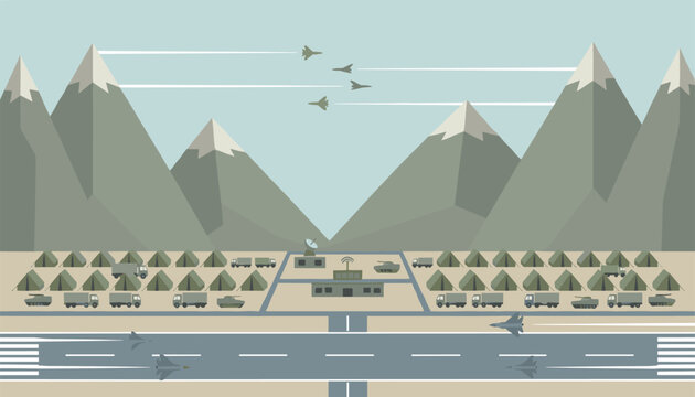 Military airbase camp in a mountain valley featuring fighter jets, barracks tents, army trucks, and an active runway.