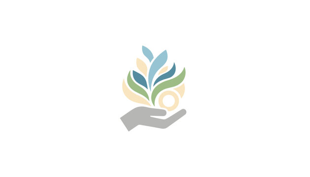Creative logo of a human hand holding a colorful abstract plant inside a flame representing nature protection and growth.