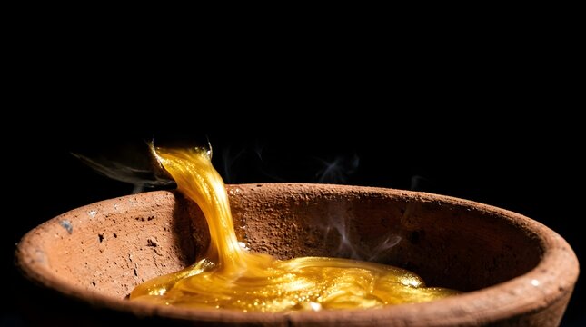Hot liquid gold or molten resin pouring into a rustic clay bowl on black