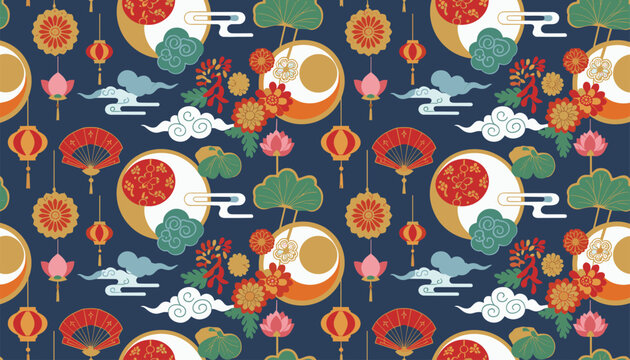 Seamless oriental pattern with traditional asian elements including red lanterns, hand fans, lotus flowers, clouds, and golden suns.