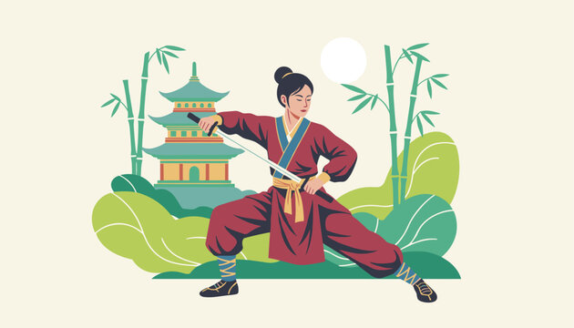 Skilled female martial artist poses with a sword in front of a traditional temple and green bamboo trees.