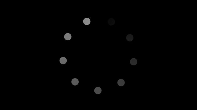 Rotating circle loader animation with grey dots flickering on black background for buffering motion.